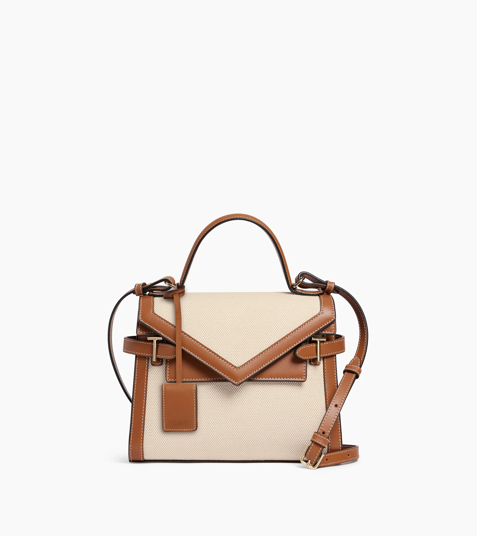 Sac à main double rabat moyen modèle Emilie en toile coton et cuir lisse