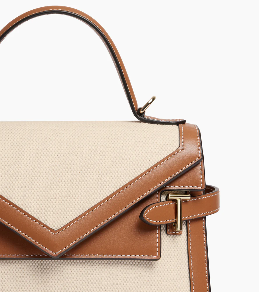 Sac à main double rabat moyen modèle Emilie en toile coton et cuir lisse - Image 2